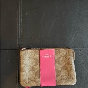 Coach Signature Tan and Pink Wristlet